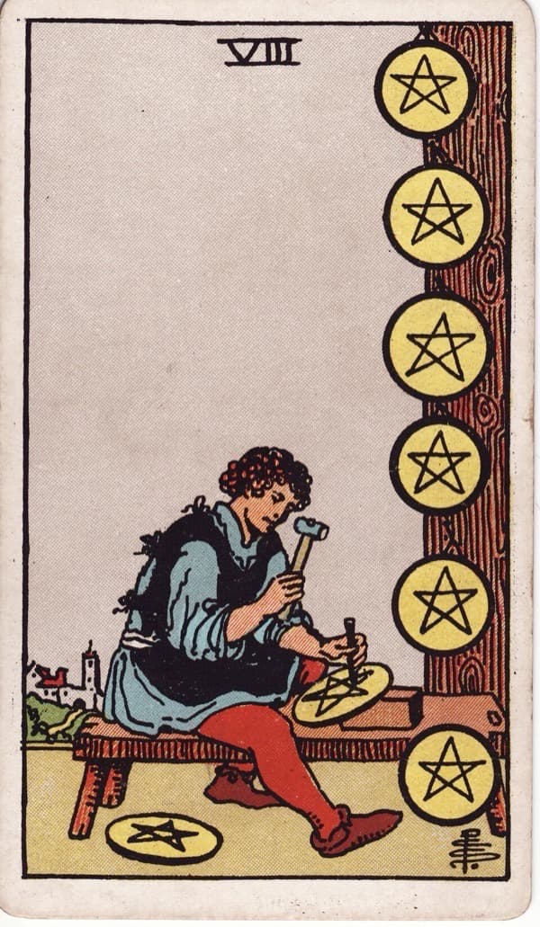 Eight of Pentacles tarot card, Rider-Waite-Smith deck