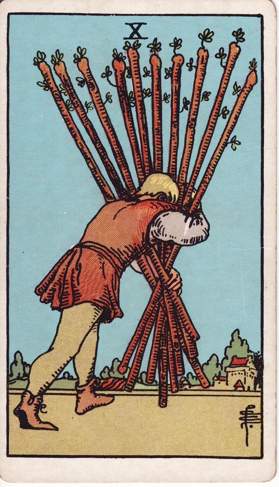 Ten of Wands tarot card, Rider-Waite-Smith deck